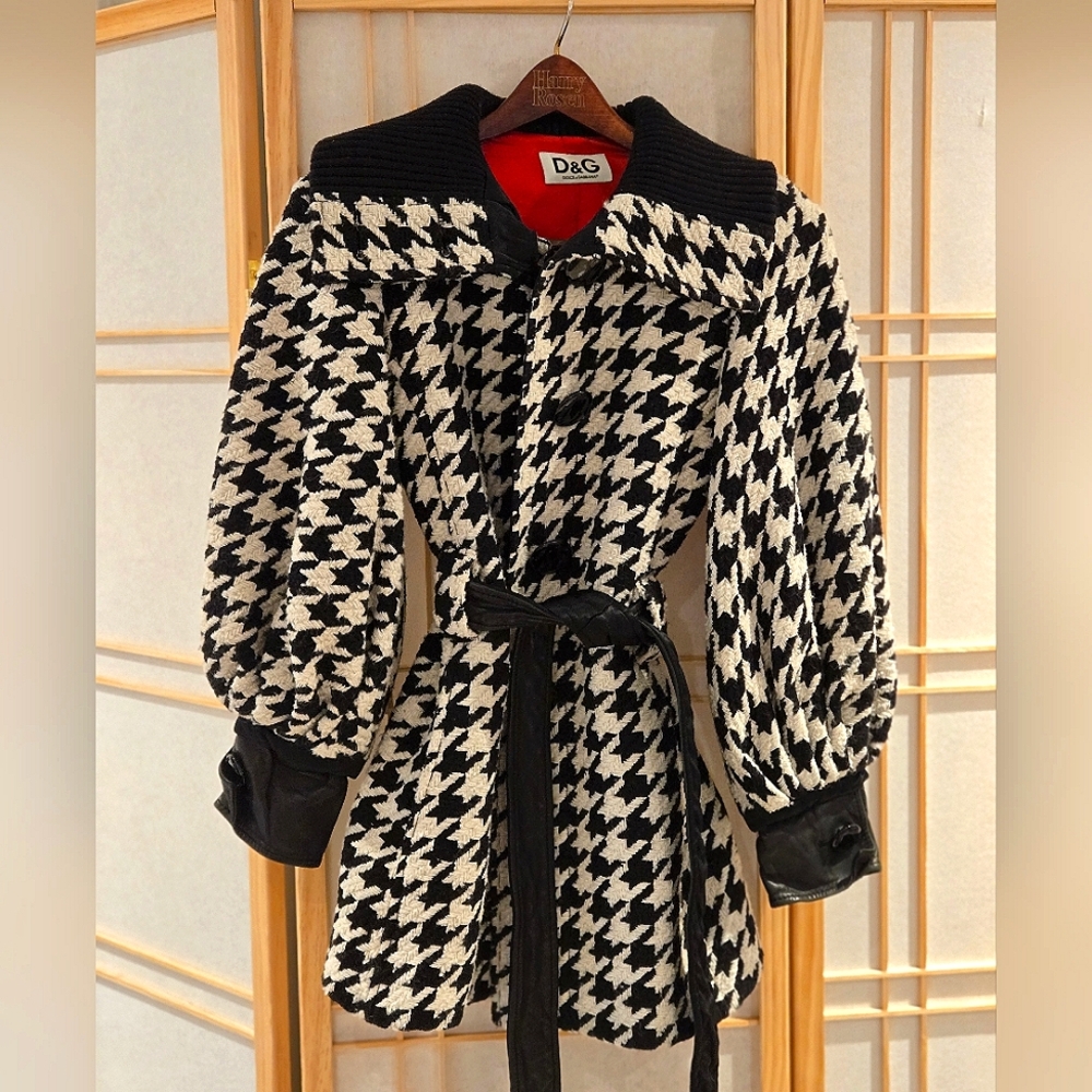 Dolce & Gabbana Black & White Houndstooth Wool Leather Belted Bell Sleeve Coat